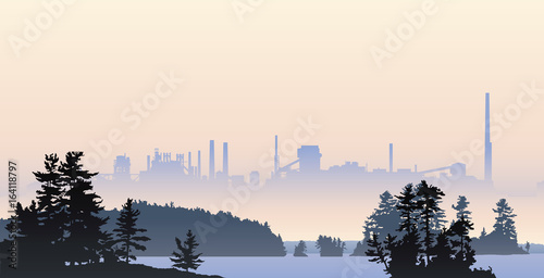 Silhouette illustration of heavy industry looming over a pristine, northern lake.