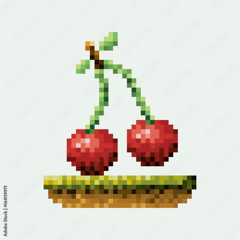 Obraz premium color pixelated cherry fruits in meadow vector illustration