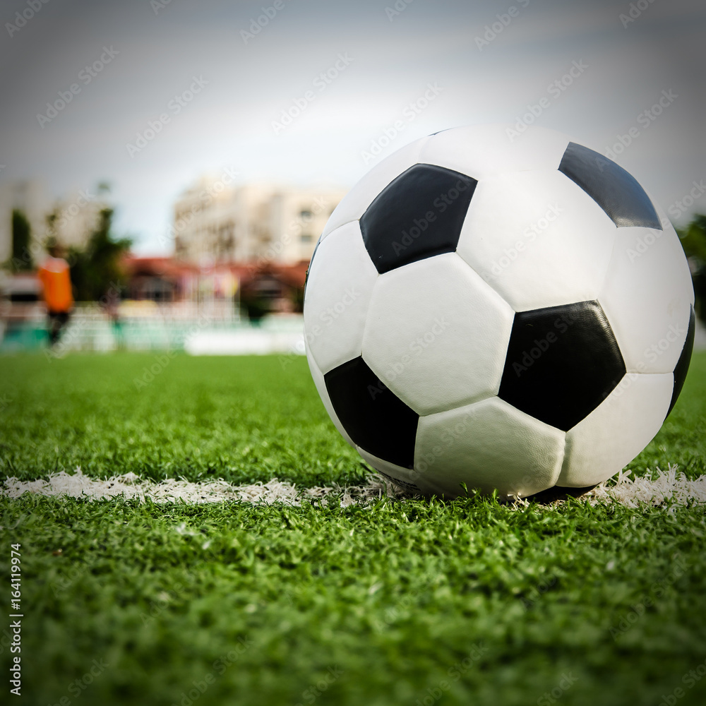 Obraz premium Soccer football in Goal net with green grass field.