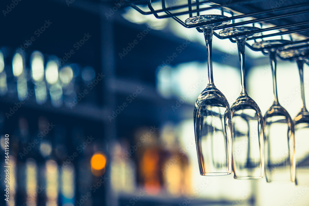 Close up picture of empty glasses in restaurant,Retro style