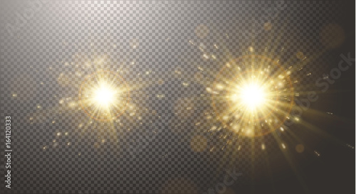 Gold glitter dust, sun ray, light, glow, sunbeam, burst, warm sunrise, gold explosion, stars, bright abstract elements, transparent background, golden sparkles. Vector, separated elements under mask