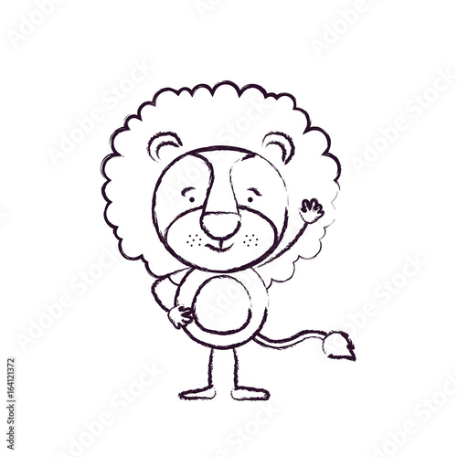 blurred silhouette caricature of cute lion happiness expression and one hand up vector illustration
