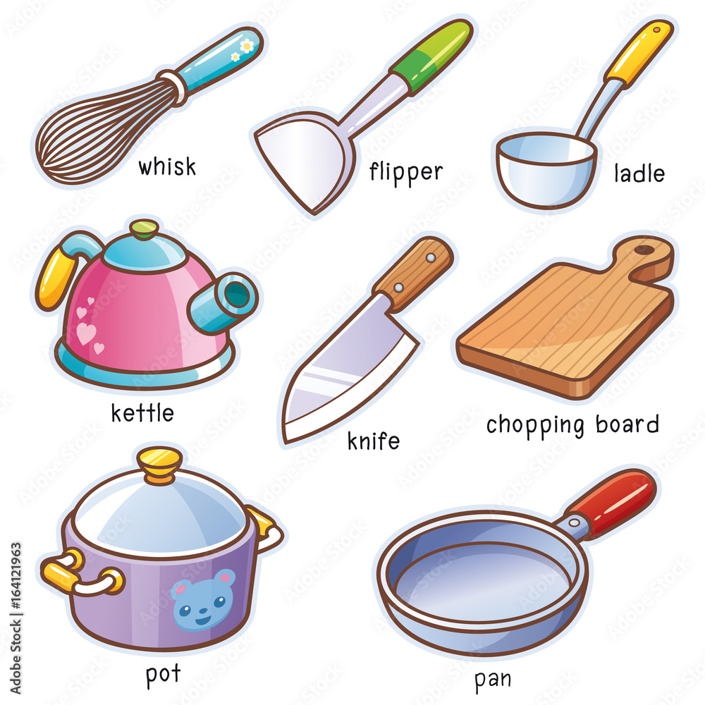 Vecteur Stock Vector illustration of Cartoon kitchen tools vocabulary |  Adobe Stock