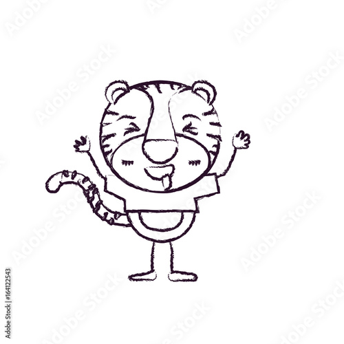 blurred silhouette caricature of cute tiger expression and sticking out tongue in t-shirt vector illustration