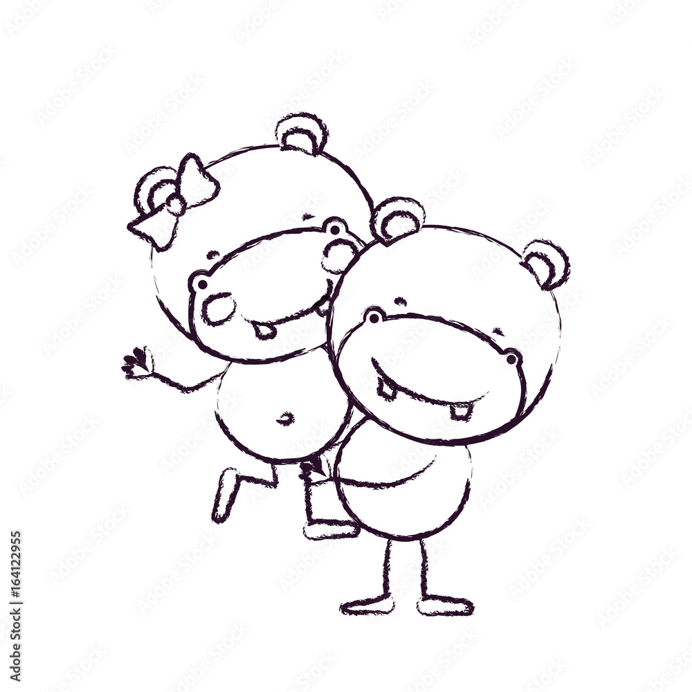 Fototapeta premium blurred sketch contour caricature with couple of hippos one carrying the other cute animals love vector illustration