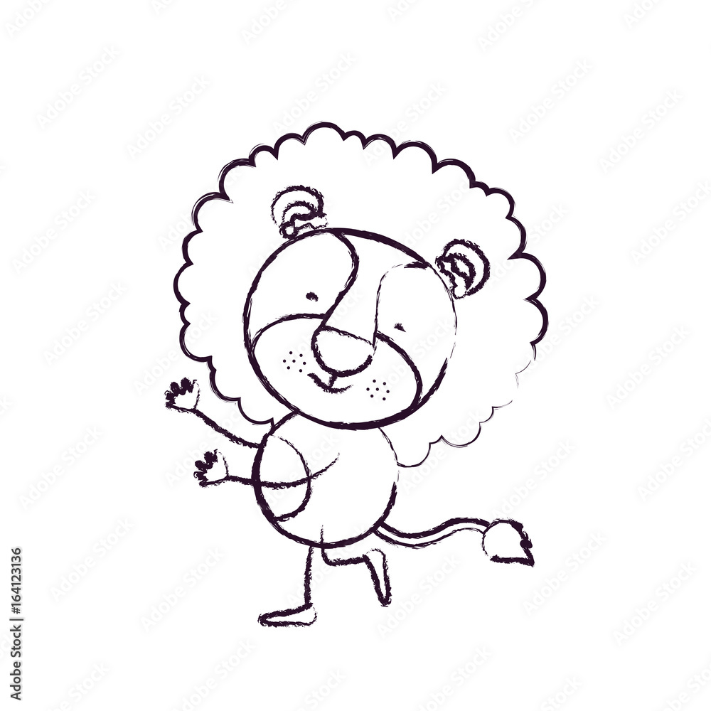 blurred sketch contour caricature with cute lion dancing vector illustration