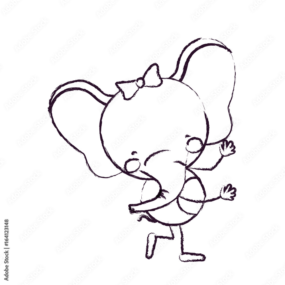 Fototapeta premium blurred sketch contour caricature of cute expression female elephant in dance pose with bow lace vector illustration