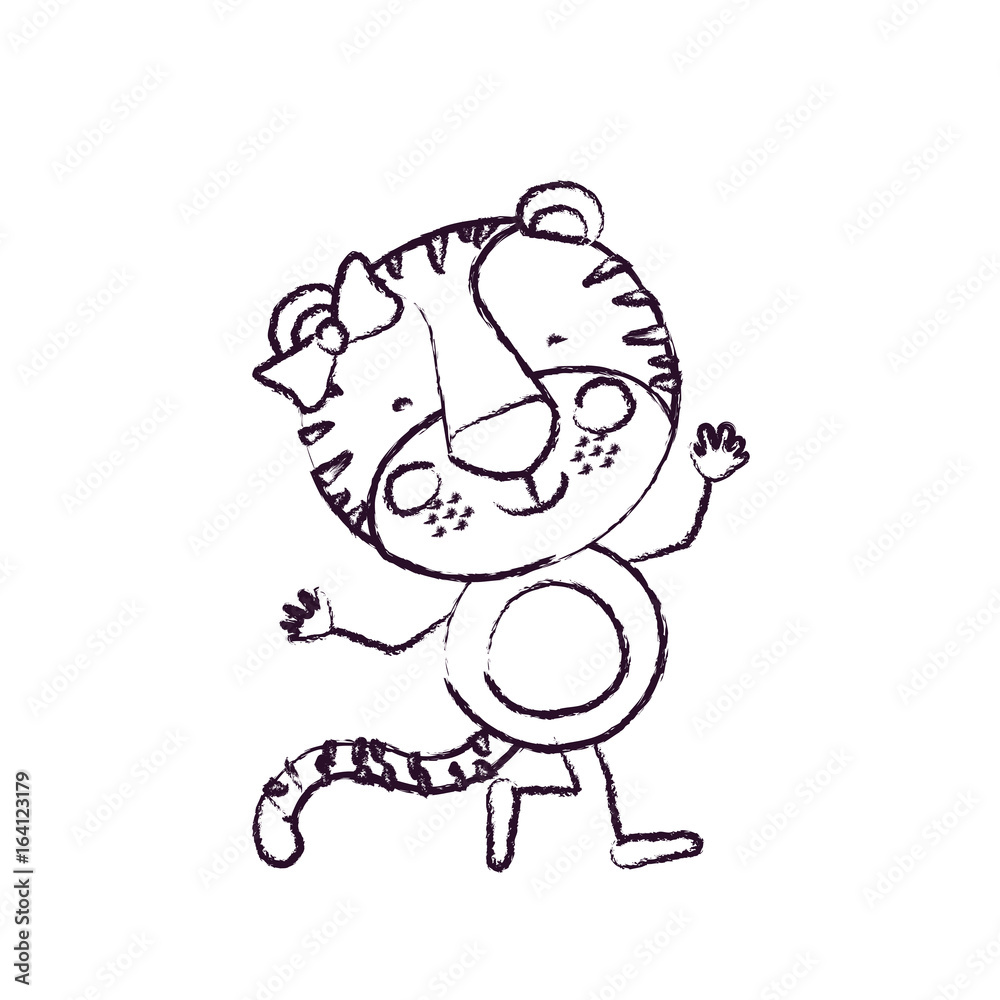 Fototapeta premium blurred sketch contour caricature of cute expression female tigress in dance pose with bow lace vector illustration