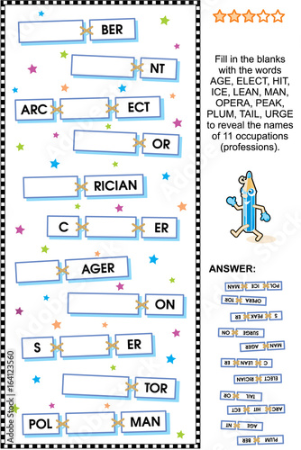 Word puzzle or word game: guess the names of various occupations (professions). Answer included. 
