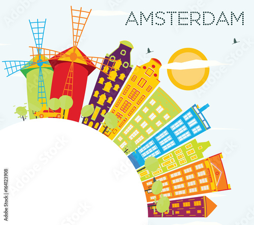 Plakat Amsterdam Skyline z kolorowymi budynkami, błękitne niebo i kopia przestrzeń.