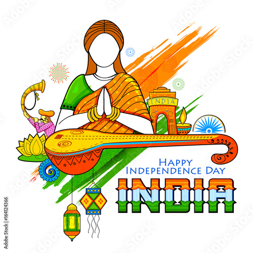 Indian background with woman doing namaste gesture wishing Happy Independence Day of India