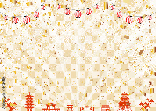 花火　提灯　金箔　市松背景