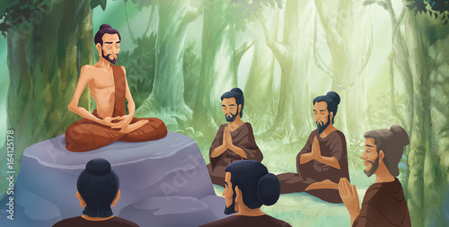 Illustration - Siddhartha practiced the extreme forms of asceticism with the support of five monks photo