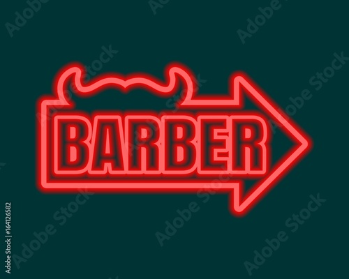 Vintage barber shop emblem or label. Monochrome linear style. Mustache icon with arrow and text. Neon bulb illumination