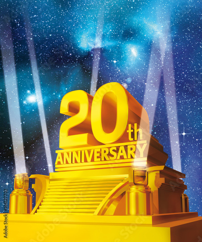Golden 20th anniversary on platform against galaxy