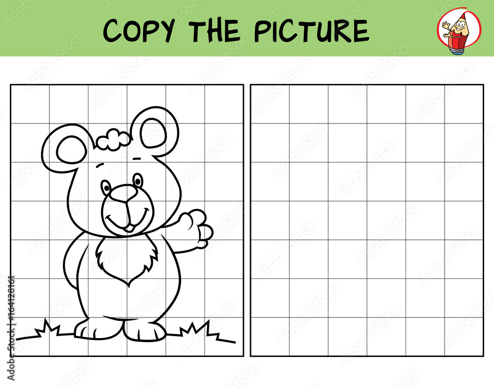 Fototapeta premium Cute little bear. Copy the picture. Coloring book. Educational game for children. Cartoon vector illustration