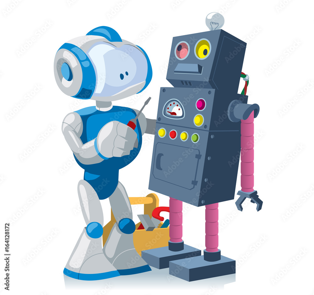 New robot with a screwdriver repairs an obsolete broken robot. Isolated  cartoon characters. Vector illustration Stock Vector | Adobe Stock