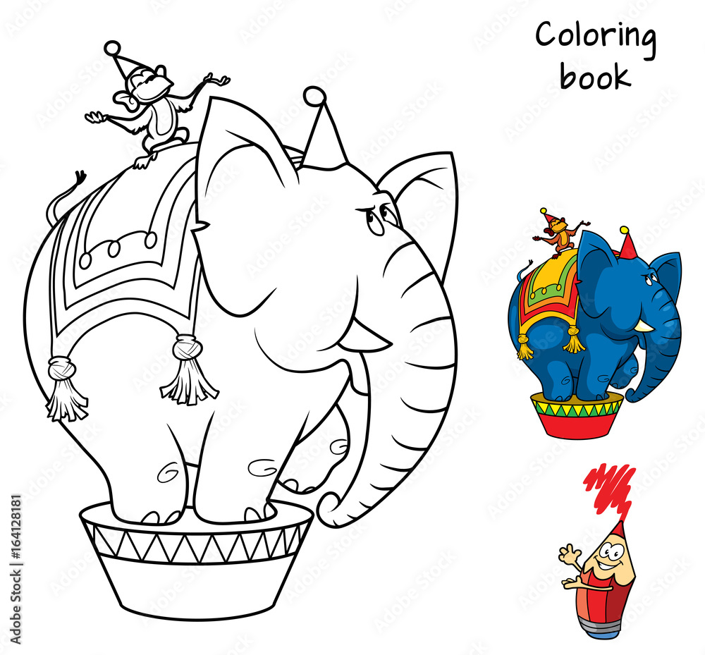 Fototapeta premium Circus elephant and monkey. Coloring book. Cartoon vector illustration
