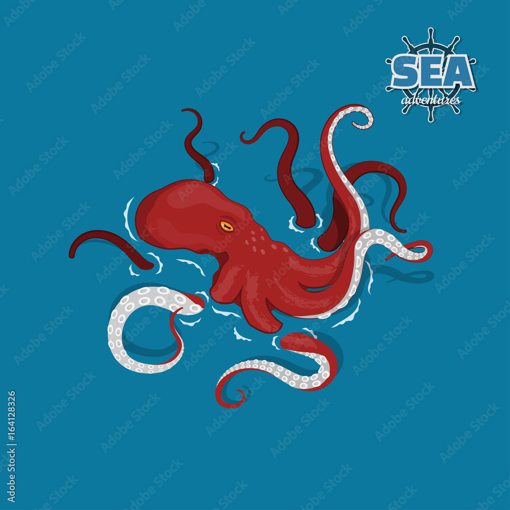 Giant red octopus on a white background. Sea monster kraken in cartoon  style. Pirate game. 3d image Stock Vector | Adobe Stock
