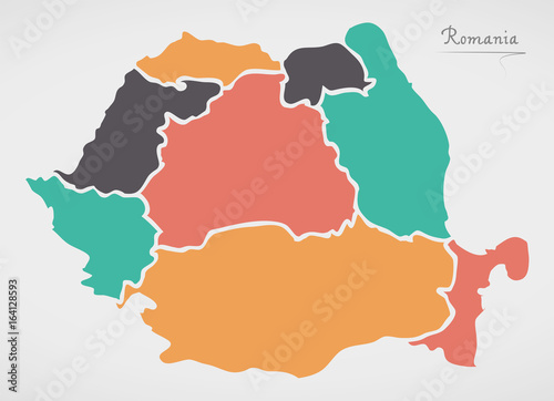 Tablou pe pânză Romania Map with states and modern round shapes