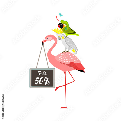 Sale Poster with trendy tropical design with flamingo, parrot and chameleon. Summer sale sign and banner