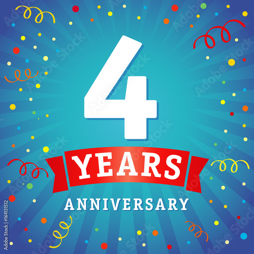 4 years anniversary logo celebration card. 4th years anniversary vector background with red ribbon and colored confetti on blue flash radial lines