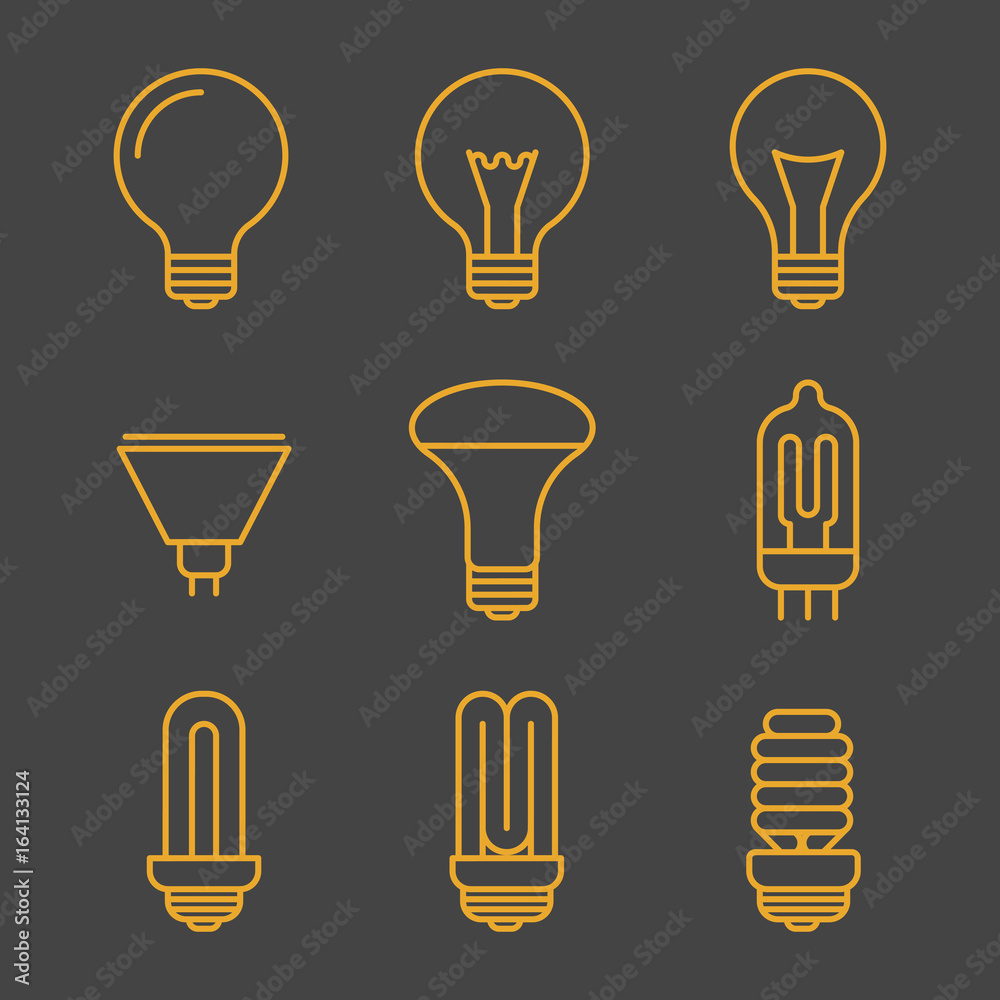 Yellow light bulbs outline icons Yellow light bulbs outline icons