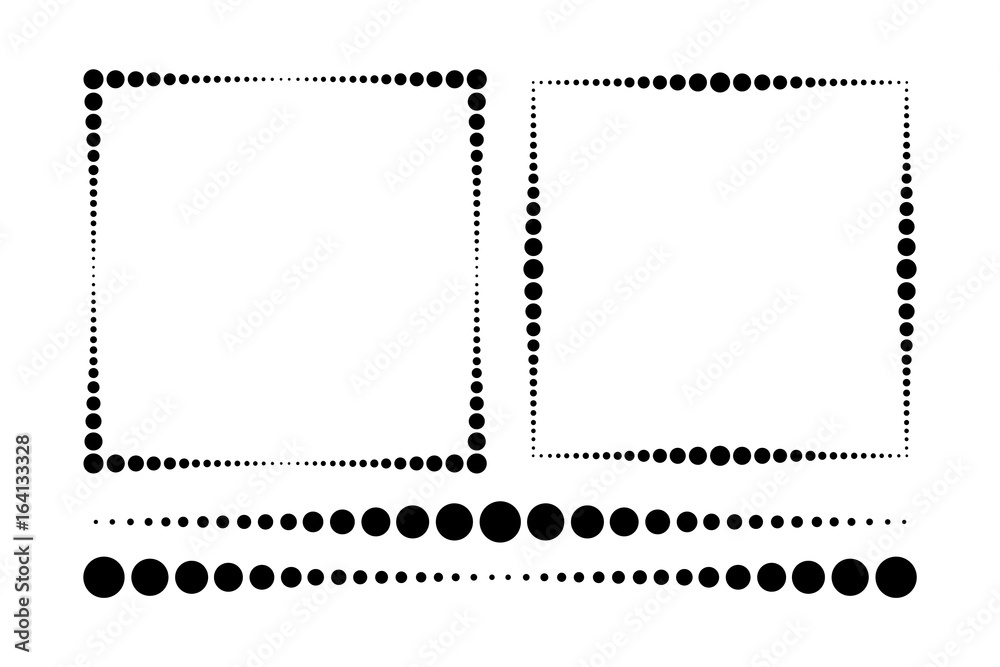 Square frames made of different dots and the same dividing lines. Vector illustration.