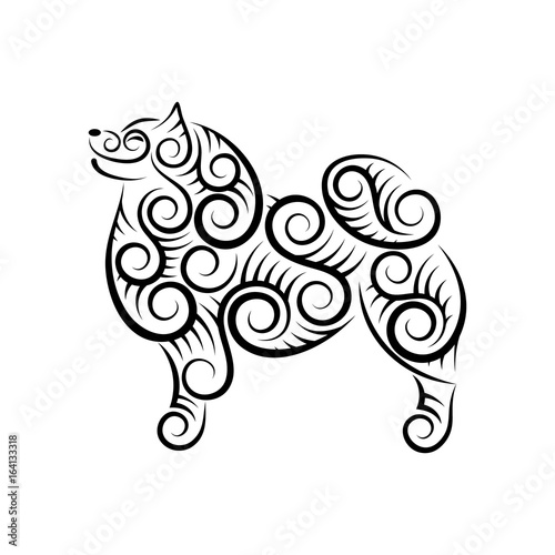 Openwork smiling dog silhouette made of separate elements spirals and swirls. Stylized samoyed husky. Symbol of the year 2018. Vector illustration.