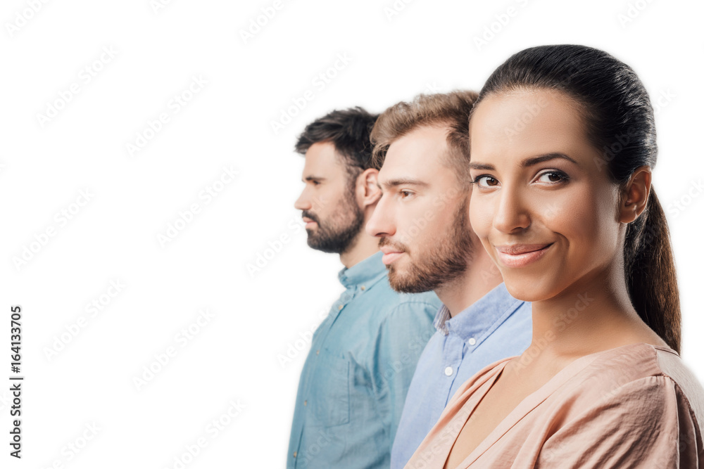 side view of young businesswoman and businessmen standing in line isolated on white side view of young businesswoman and businessmen standing in line isolated on white