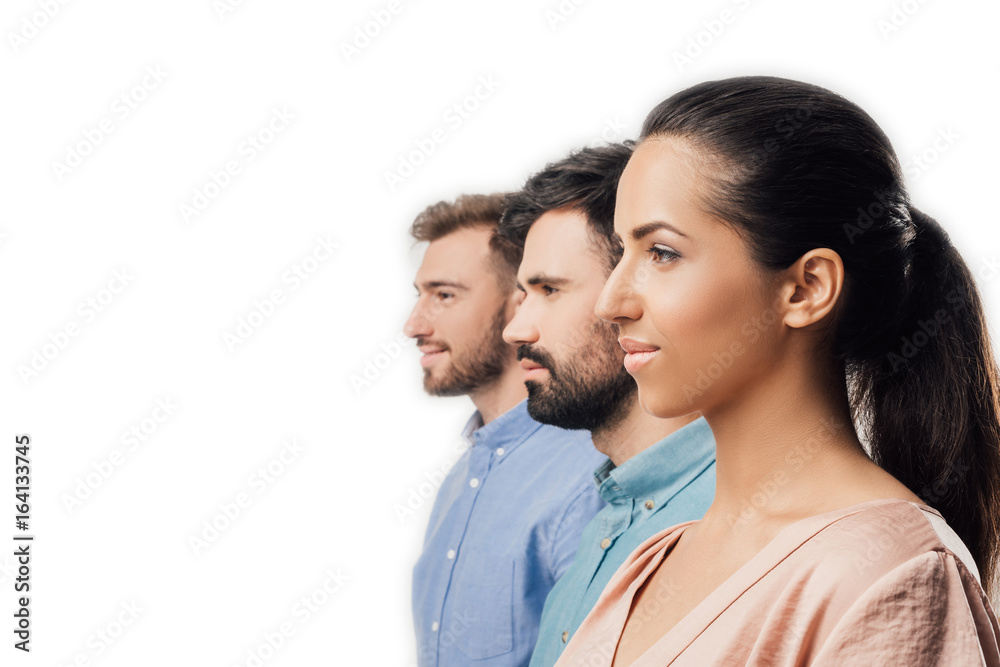 side view of young businesswoman and businessmen standing in line isolated on white side view of young businesswoman and businessmen standing in line isolated on white