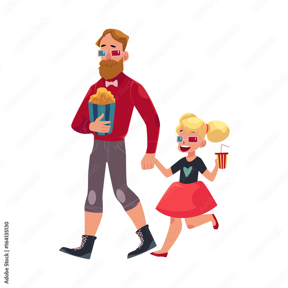 Father and daughter smiling going to cinema, movie. Vector illustration of a family wearing 3d glasses, holding popcorn bucket and soda glass in flat, cartoon style isolated on a white background.