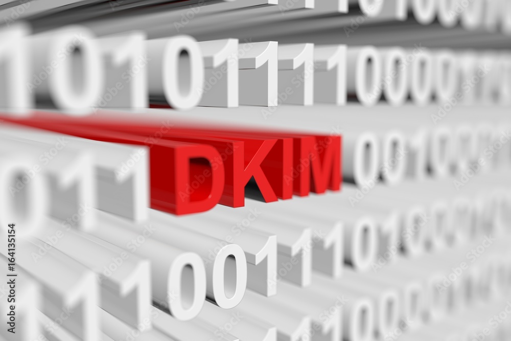 DKIM as a binary code with blurred background 3D illustration