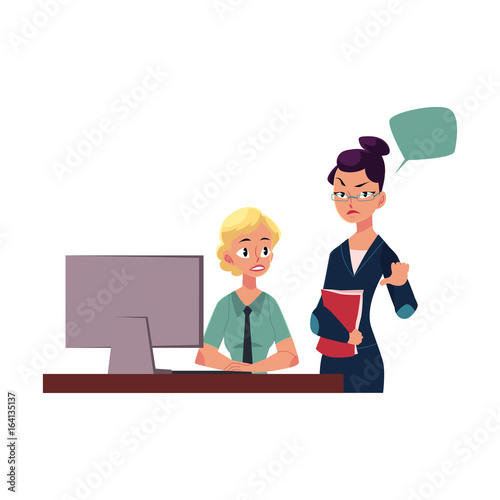 Displeased female boss managing employee working on computer, cartoon vector illustration isolated on white background. Woman boss showing disapproval to female employee working in office