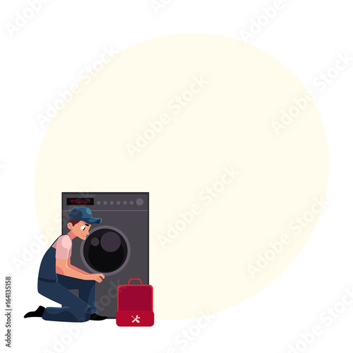 Plumbing specialist with toolbox fixing, repairing washer, washing machine, cartoon vector illustration with space for text. Plumber, plumbing specialist fixing, repairing washing machine