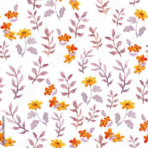 Seamless simple floral pattern. Vintage cute flowers and leaves on white background. Watercolor