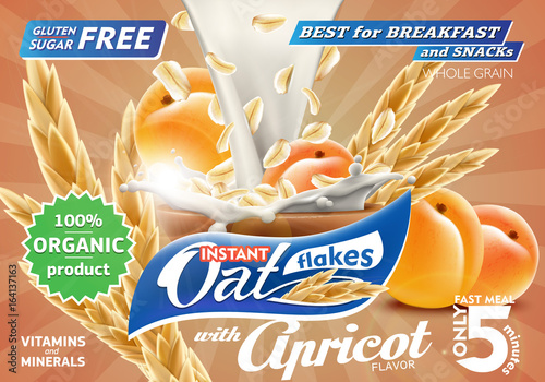 Oat flakes with apricot flavor advertising flyer vector illustration with big milk splash. High quality art for ads broshure, poster or label design