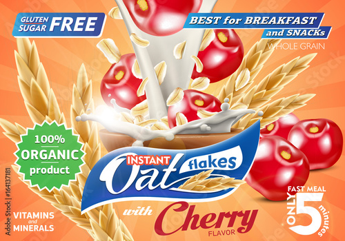 Oat flakes with cherry advertising flyer vector illustration with big milk splash. High quality art for ads broshure, poster or label design
