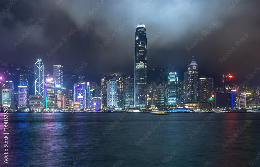panoramic view of victoria harbor at night in Hong Kong,China.