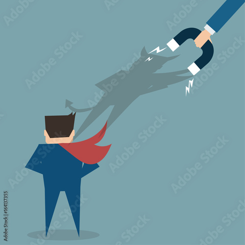 Hand use magnet sucking devil man shadow from his body,flat vector design concept. 
