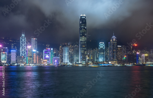 panoramic view of victoria harbor at night in Hong Kong China.