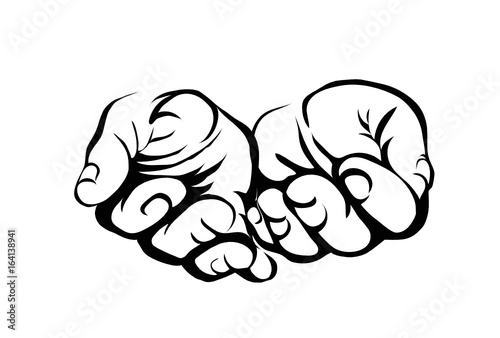 Gesture open palms. Two Hand gives or receives. Contour graphic style. Black and white. Vector illustration on white background. Empty space for advertising