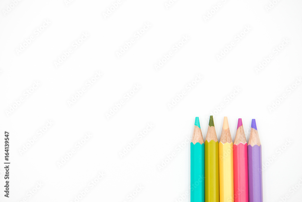Group of color pencils isolated on white background, Colored pencils can be used as background and add text or word, Wooden colored pencils and free space