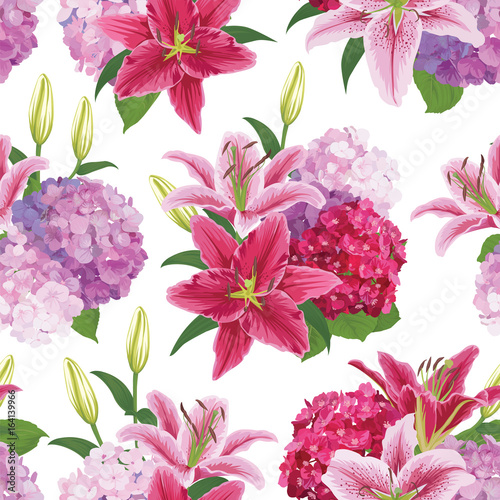 Fototapeta Naklejka Na Ścianę i Meble -  Seamless pattern with colorful lilies flower and hydrangea on white background. Vector set of blooming floral for wedding invitations and greeting card design. 