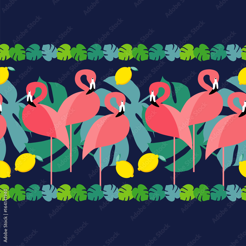 Seamless vector background. Seamless border. Pink Flamingo on a tropical background. Textile rapport.