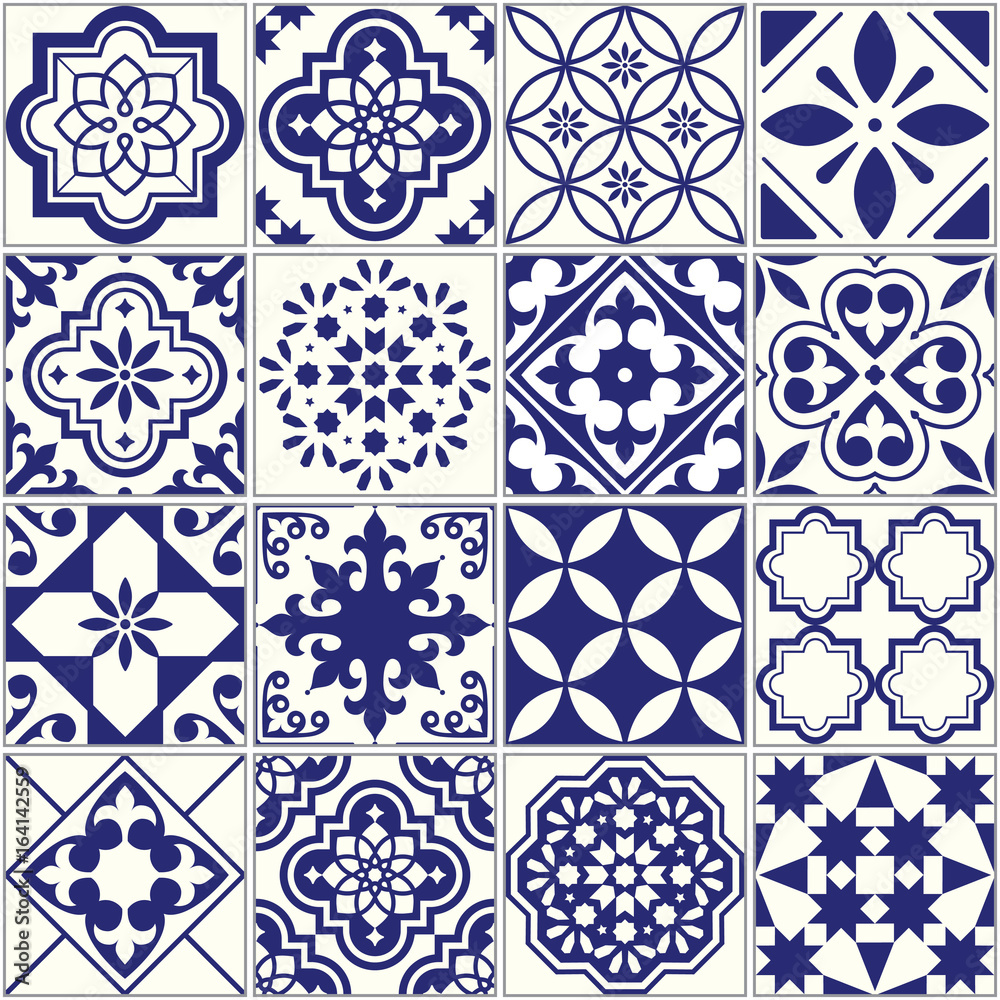 Seamless tiles pattern, Mediterranean floral mosaic set, Lisbon seamless navy blue ornament