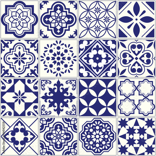 Seamless tiles pattern, Mediterranean floral mosaic set, Lisbon seamless navy blue ornament
