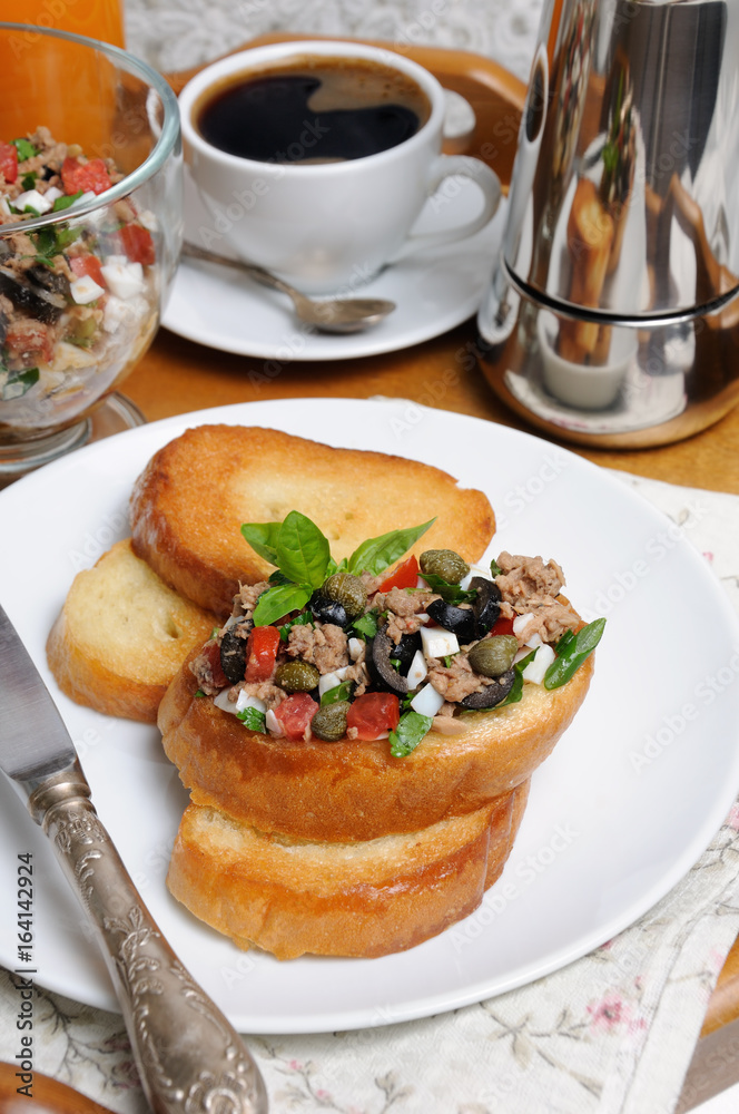 Breakfast with croutons and coffee Breakfast with croutons and coffee