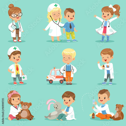 Cute kids playing doctor set. Smiling little boys and girls dressed as doctors examining and treating their patients vector illustrations