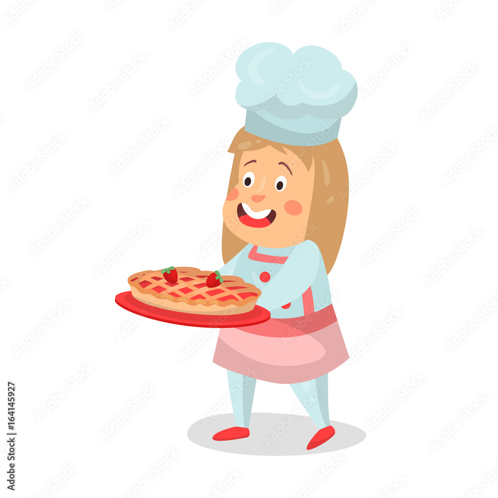 Cute cartoon smiling little girl chef character walking with strawberry pie cake vector Illustration Cute cartoon smiling little girl chef character walking with strawberry pie cake vector Illustration